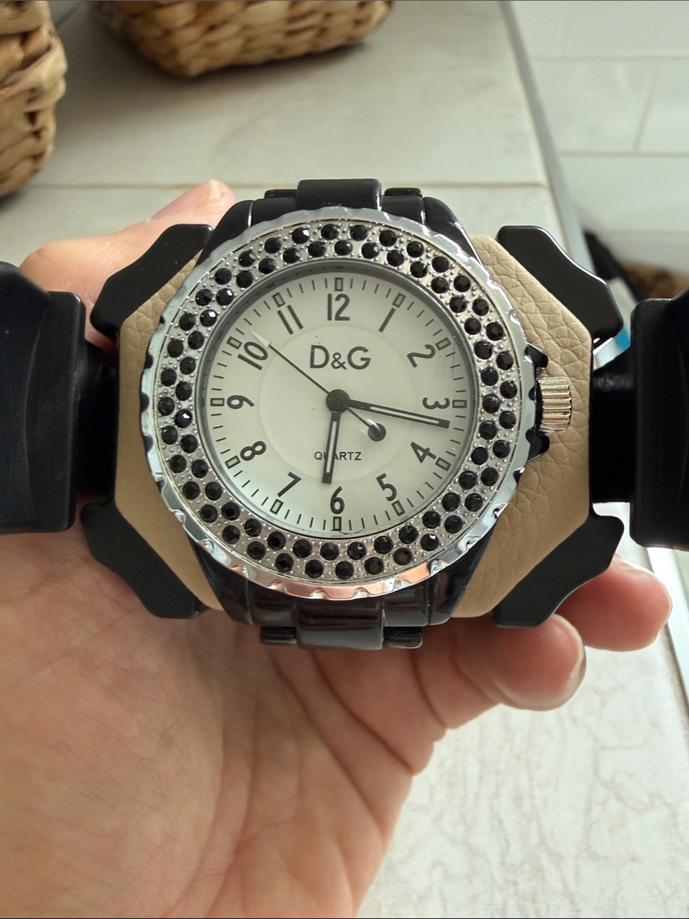 D&G Black and Beige Crystal Bezel Wristwatch